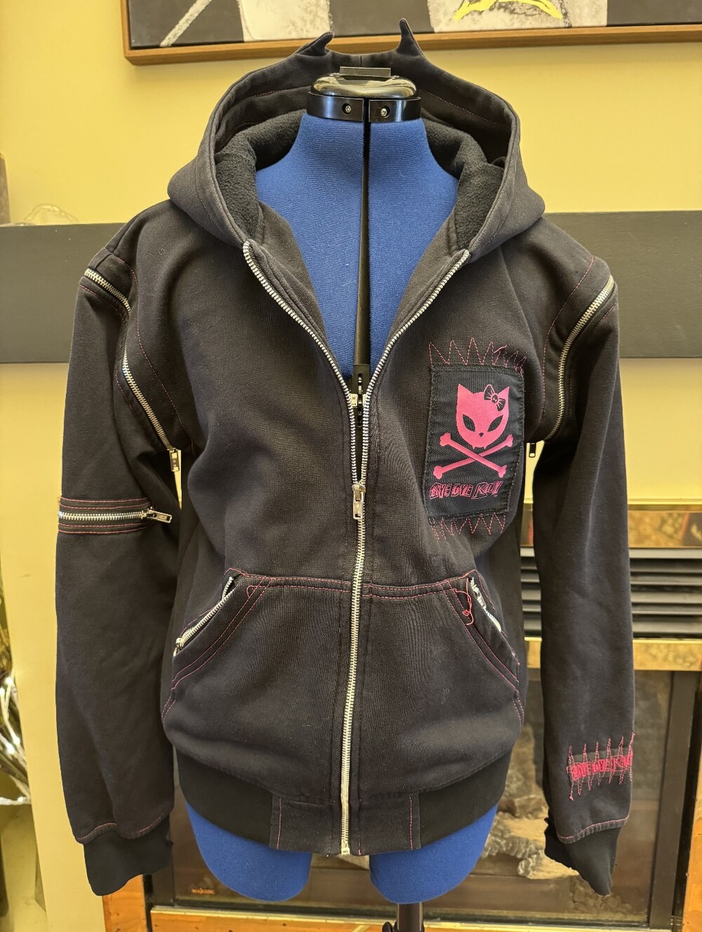 Bye Bye Kitty Living Dead Souls Bat Ear Hoodie Mall Goth Y2K Black Zip Up L XL - Picture 4 of 14